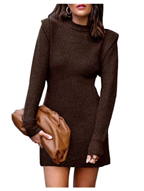 BTFBM Women Sweater Bodycon Short Dress Long Sleeve Crew Neck Slim Fit Solid Dressy Fall Winter Mini Ribbed Knit Dresses