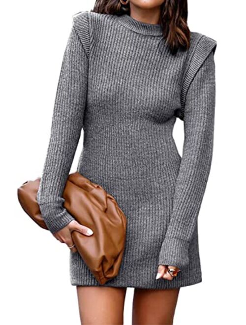 BTFBM Women Sweater Bodycon Short Dress Long Sleeve Crew Neck Slim Fit Solid Dressy Fall Winter Mini Ribbed Knit Dresses