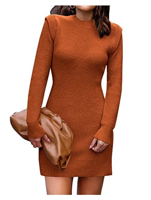 BTFBM Women Sweater Bodycon Short Dress Long Sleeve Crew Neck Slim Fit Solid Dressy Fall Winter Mini Ribbed Knit Dresses