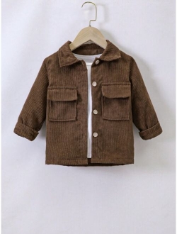 Kids EVRYDAY Young Boys' Casual Neutral Solid Color Corduroy Jacket Shirt With Double Pockets And Turn-down Collar, Autumn And Winter (without T-shirt)