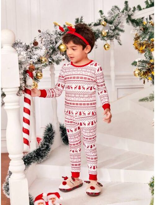 Young Boy 1set Family Matching Christmas Print Contrast Trim PJ Set