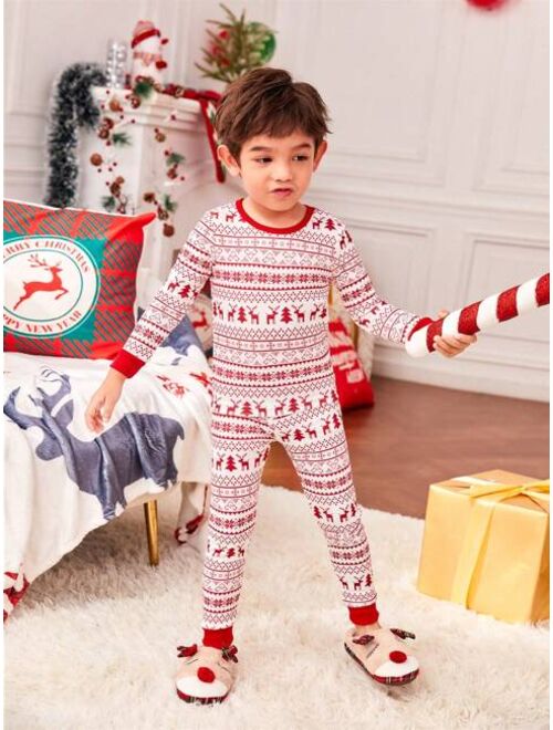 Young Boy 1set Family Matching Christmas Print Contrast Trim PJ Set