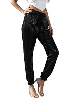 J&DHUASHA Womens Casual Sparkly Sequin Pants High Waist Glitter Joggers Pants Bling Party Skinny Pants