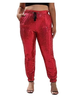 J&DHUASHA Womens Casual Sparkly Sequin Pants High Waist Glitter Joggers Pants Bling Party Skinny Pants