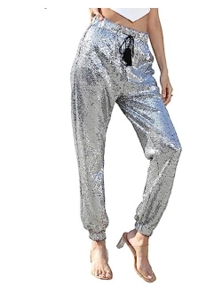 J&DHUASHA Womens Casual Sparkly Sequin Pants High Waist Glitter Joggers Pants Bling Party Skinny Pants