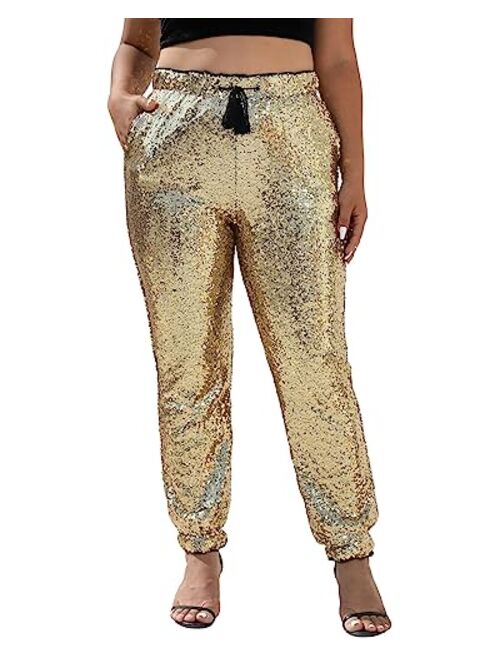 J&DHUASHA Womens Casual Sparkly Sequin Pants High Waist Glitter Joggers Pants Bling Party Skinny Pants