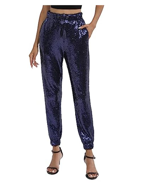 J&DHUASHA Womens Casual Sparkly Sequin Pants High Waist Glitter Joggers Pants Bling Party Skinny Pants