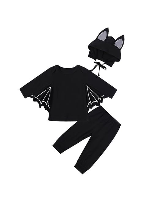 YOUNGER TREE Toddler Baby Girls Boys Halloween Outfit Black Bat Hoodies with Pocket Zipper Coat Pant Set Winter Clothes