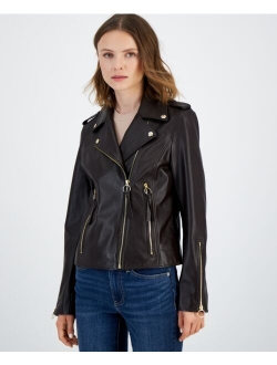 Women's Leather Zip-Cuff Moto Jacket