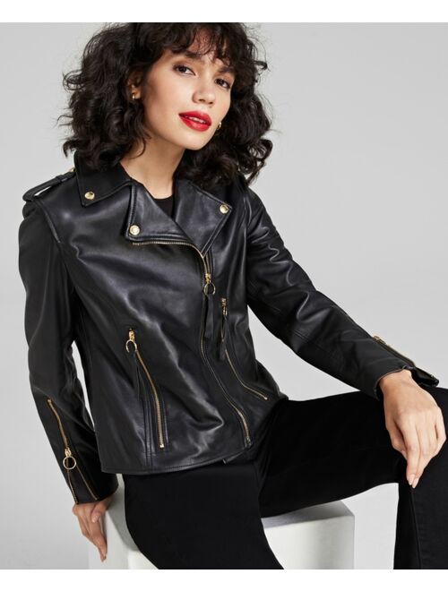 SAM EDELMAN Women's Leather Zip-Cuff Moto Jacket