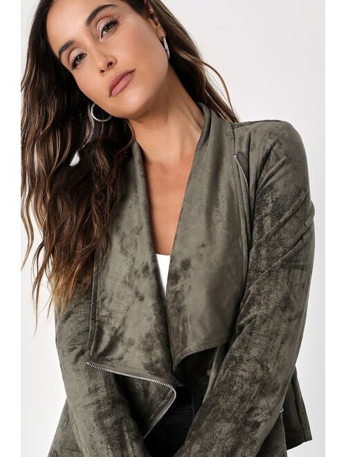 Lulus Wild at Heart Olive Green Vegan Suede Moto Jacket