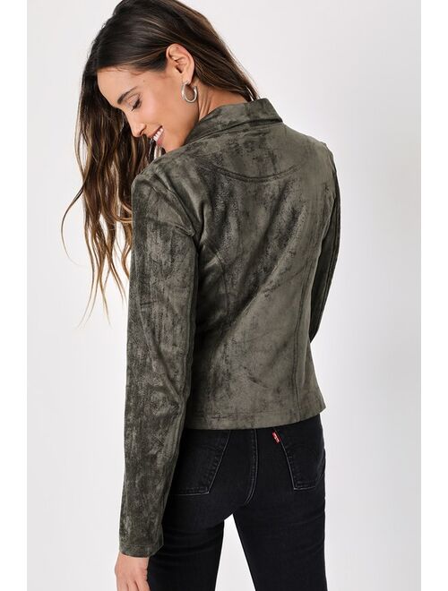 Lulus Wild at Heart Olive Green Vegan Suede Moto Jacket