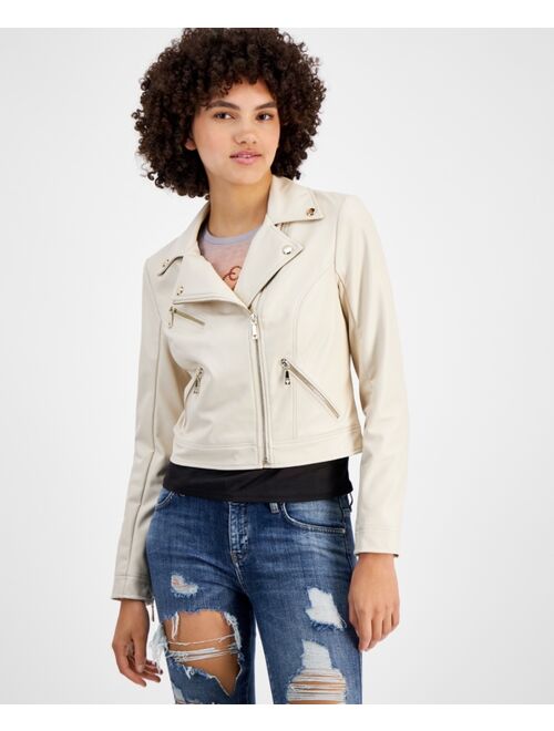 GUESS Women's Venom Faux-Leather Cropped Moto Jacket