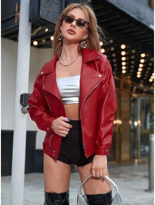 Apperloth A Bikercore Lapel Neck Zip Up Patent PU Leather Moto Jacket