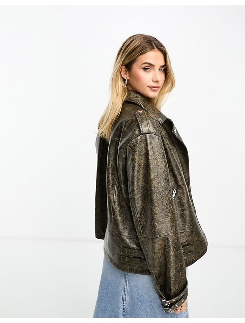 Miss Selfridge cracked faux leather oversized biker jacket in brown