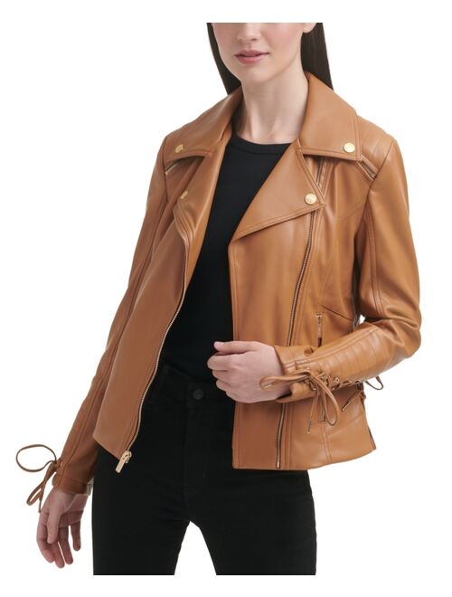 GUESS Women's Faux-Leather Asymmetric Moto Coat