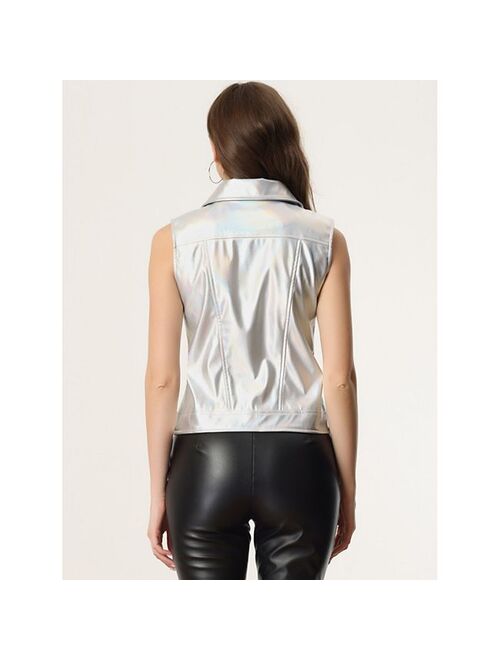 ALLEGRA K Faux Leather Vest for Women Lapel Sleeveless Moto Motorcycle Biker Jacket