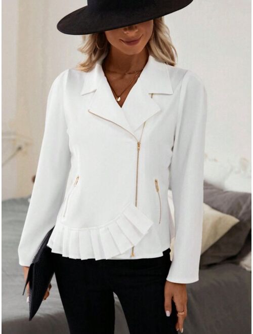 SHEIN Clasi Lapel Neck Ruffle Trim Zip Up Moto Jacket