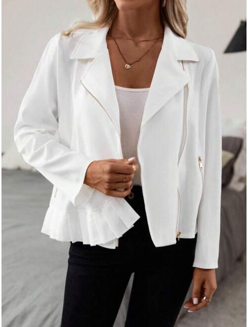 SHEIN Clasi Lapel Neck Ruffle Trim Zip Up Moto Jacket