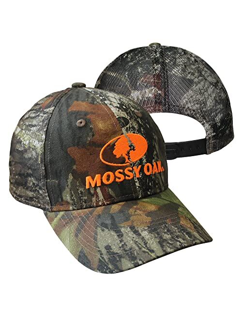 Mossy Oak BU Blaze Orange Logo Camo MESH Trucker Hat Cap with Snapback Wicking Sweatband Precurved Visor (Break Up)