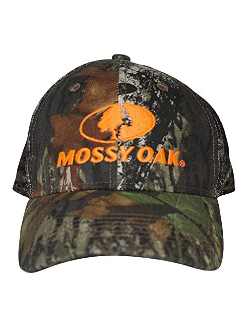 Mossy Oak BU Blaze Orange Logo Camo MESH Trucker Hat Cap with Snapback Wicking Sweatband Precurved Visor (Break Up)