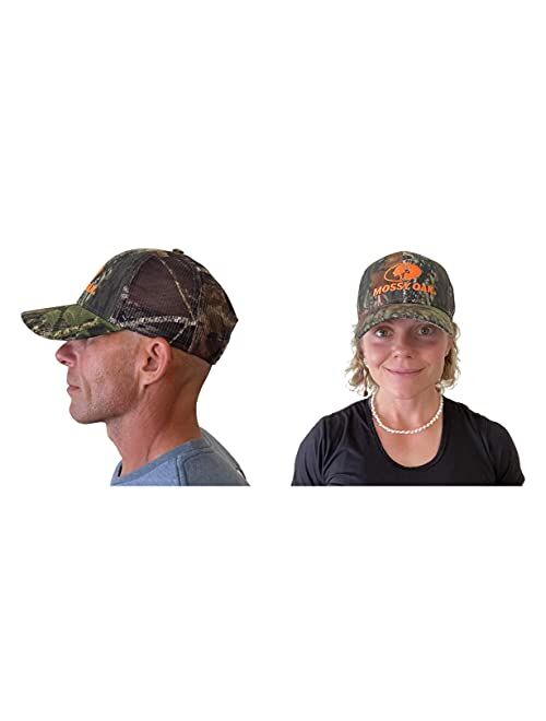 Mossy Oak BU Blaze Orange Logo Camo MESH Trucker Hat Cap with Snapback Wicking Sweatband Precurved Visor (Break Up)