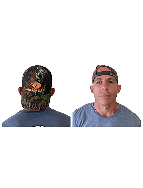 Mossy Oak BU Blaze Orange Logo Camo MESH Trucker Hat Cap with Snapback Wicking Sweatband Precurved Visor (Break Up)