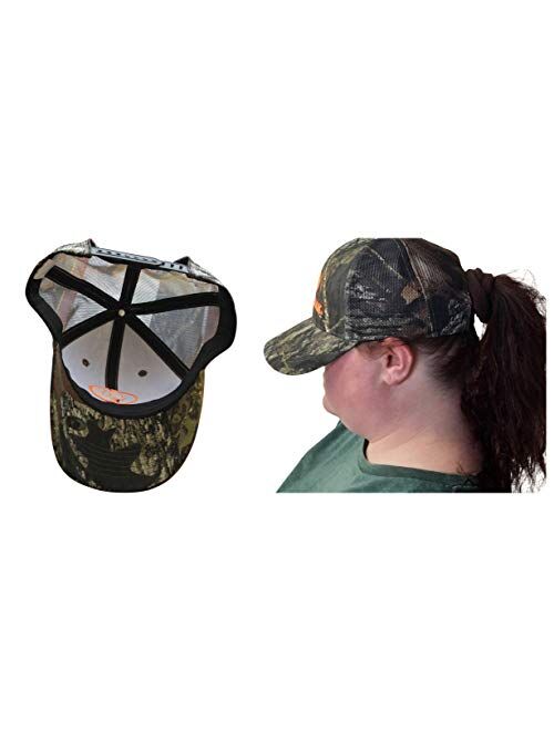 Mossy Oak BU Blaze Orange Logo Camo MESH Trucker Hat Cap with Snapback Wicking Sweatband Precurved Visor (Break Up)