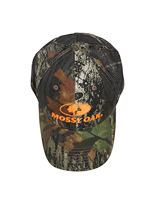 Mossy Oak BU Blaze Orange Logo Camo MESH Trucker Hat Cap with Snapback Wicking Sweatband Precurved Visor (Break Up)