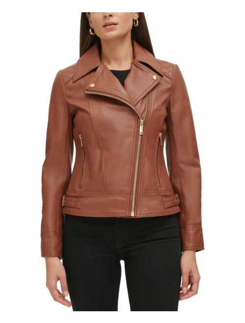 GUESS Women's Quilted-Sleeve Leather Moto Coat, Regular & Petite, Created for Macy's