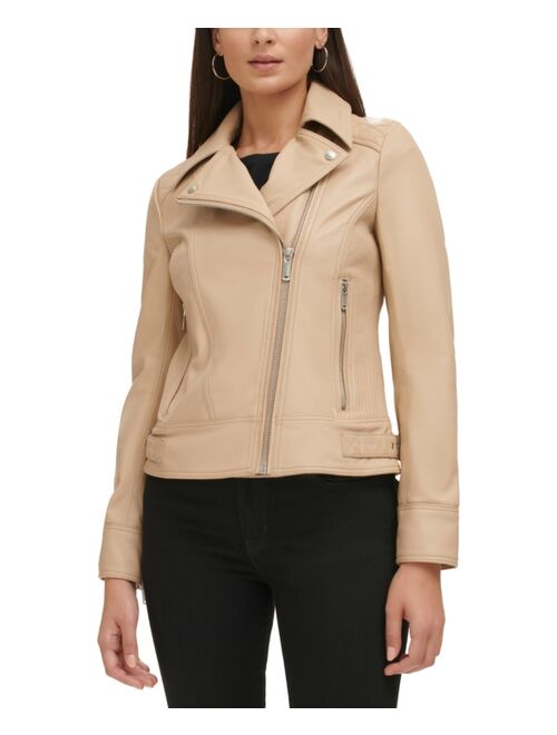 GUESS Women's Quilted-Sleeve Leather Moto Coat, Regular & Petite, Created for Macy's