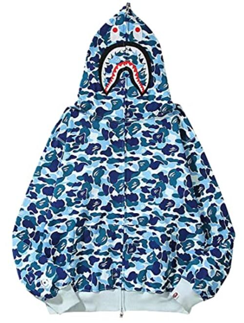 EUDOLAH Men's Hoodie Shark Camo Print Sweater Casual Loose Jacket Zip Up