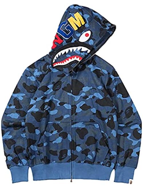 EUDOLAH Men's Hoodie Shark Camo Print Sweater Casual Loose Jacket Zip Up