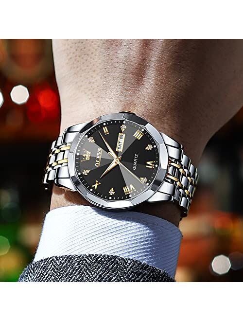 OLEVS Men Watches Business Dress Diamond Analog Quartz Date Luxury Wrist Watch Casual Stainless Steel Waterproof Luminous Two Tone Watch for Men