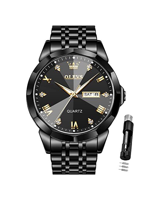 OLEVS Men Watches Business Dress Diamond Analog Quartz Date Luxury Wrist Watch Casual Stainless Steel Waterproof Luminous Two Tone Watch for Men