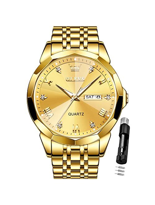 OLEVS Men Watches Business Dress Diamond Analog Quartz Date Luxury Wrist Watch Casual Stainless Steel Waterproof Luminous Two Tone Watch for Men