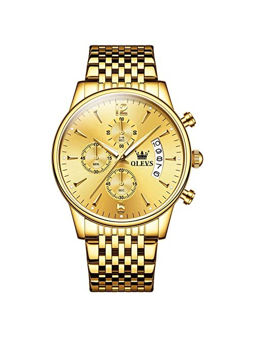 OLEVS Men's Stainless Steel Chronograph Watch, Big Face Gold Silver Black Tone Easy to Read Analog Quartz Watch, Luxury Waterproof Date Diamond Roman Arabic Numerals Dial