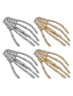 Lurrose Rhinestone Skeleton Hand Hair Clips, 4pcs Halloween Skeleton Claws Skull Hand Hairpins Crystal Horror Bone Duckbill Hair Barrette Halloween Headwear for Women