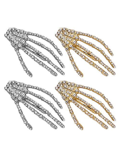 Lurrose Rhinestone Skeleton Hand Hair Clips, 4pcs Halloween Skeleton Claws Skull Hand Hairpins Crystal Horror Bone Duckbill Hair Barrette Halloween Headwear for Women