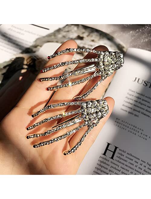 Lurrose Rhinestone Skeleton Hand Hair Clips, 4pcs Halloween Skeleton Claws Skull Hand Hairpins Crystal Horror Bone Duckbill Hair Barrette Halloween Headwear for Women