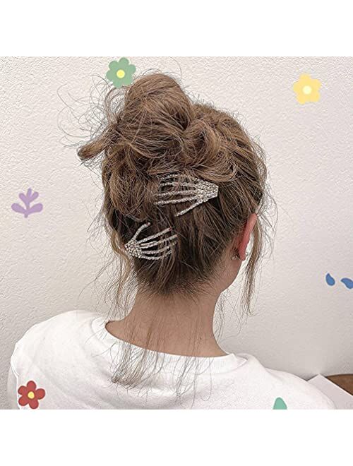 Lurrose Rhinestone Skeleton Hand Hair Clips, 4pcs Halloween Skeleton Claws Skull Hand Hairpins Crystal Horror Bone Duckbill Hair Barrette Halloween Headwear for Women