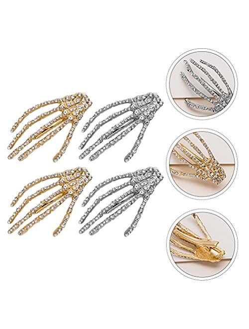 Lurrose Rhinestone Skeleton Hand Hair Clips, 4pcs Halloween Skeleton Claws Skull Hand Hairpins Crystal Horror Bone Duckbill Hair Barrette Halloween Headwear for Women