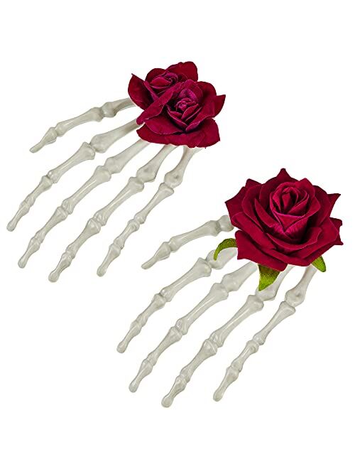 Waydress 2 Pieces Halloween Skeleton Hands Hair Clips Rose Flower Skull Hair Barrettes Claws Hand Bone Hair Clip Halloween Gothic Hair Accessories for Women Girls Cosplay