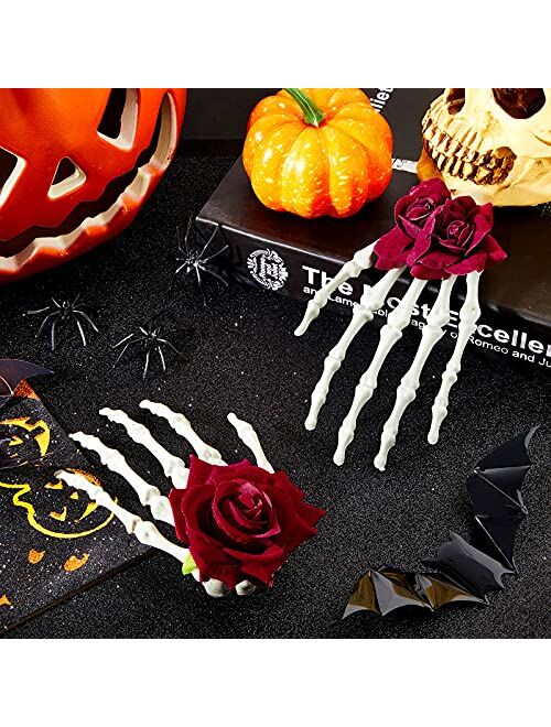 Waydress 2 Pieces Halloween Skeleton Hands Hair Clips Rose Flower Skull Hair Barrettes Claws Hand Bone Hair Clip Halloween Gothic Hair Accessories for Women Girls Cosplay