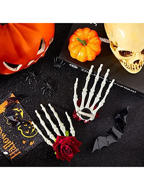 Waydress 2 Pieces Halloween Skeleton Hands Hair Clips Rose Flower Skull Hair Barrettes Claws Hand Bone Hair Clip Halloween Gothic Hair Accessories for Women Girls Cosplay