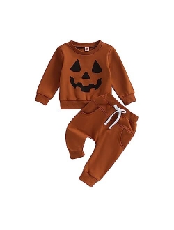 KOSUSANILL Toddler Baby Boy Halloween Outfit Pumpkin Ghost Sweatshirt and Pants Set Cute Halloween Fall Winter Clothes