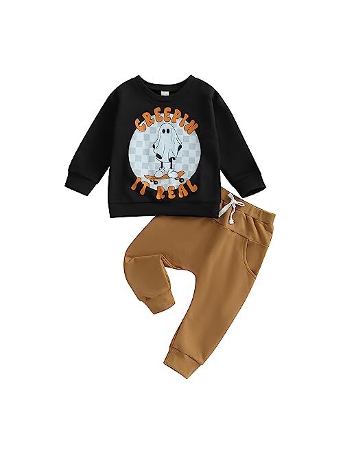 KOSUSANILL Toddler Baby Boy Halloween Outfit Pumpkin Ghost Sweatshirt and Pants Set Cute Halloween Fall Winter Clothes