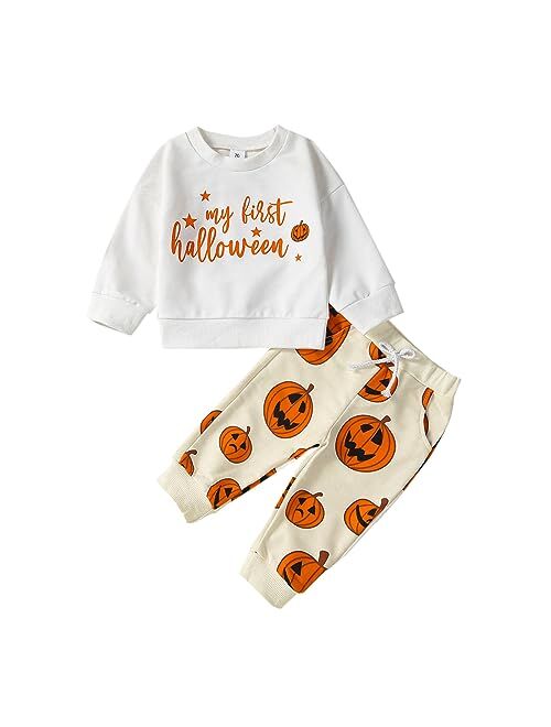 KOSUSANILL Toddler Baby Boy Halloween Outfit Pumpkin Ghost Sweatshirt and Pants Set Cute Halloween Fall Winter Clothes