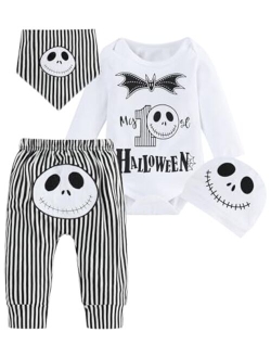 RCPATERN My First Halloween Baby Boy Outfit Pumpkin Coat Bow Tie Romper and Striped Pants Infant Halloween Clothes Sets