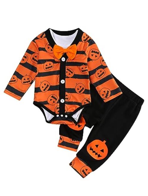 RCPATERN My First Halloween Baby Boy Outfit Pumpkin Coat Bow Tie Romper and Striped Pants Infant Halloween Clothes Sets